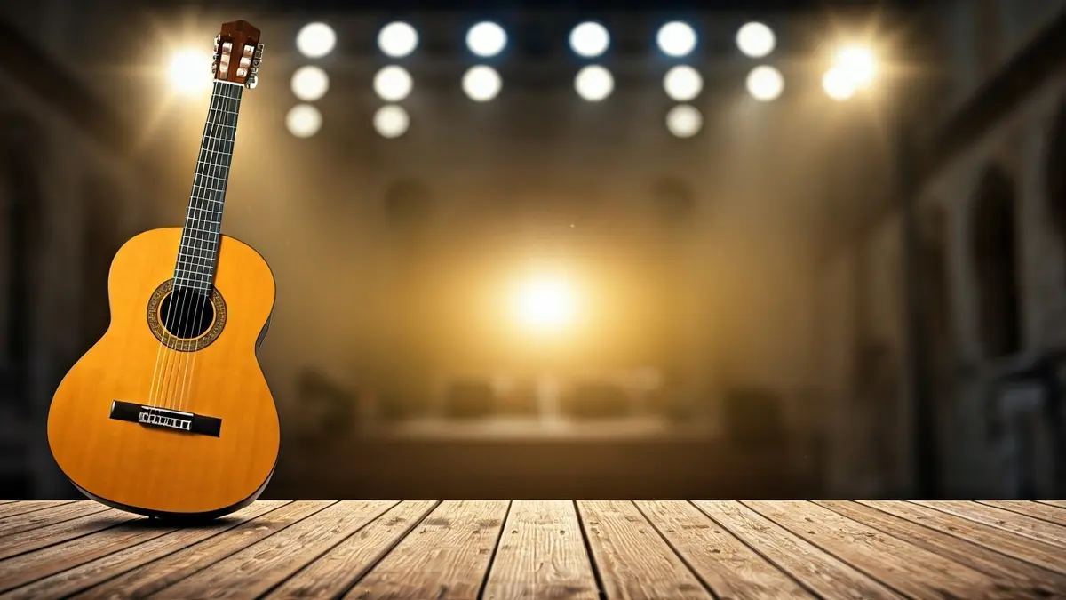 Generic image of a classical guitar on a stage, with blurred lights in the background.
