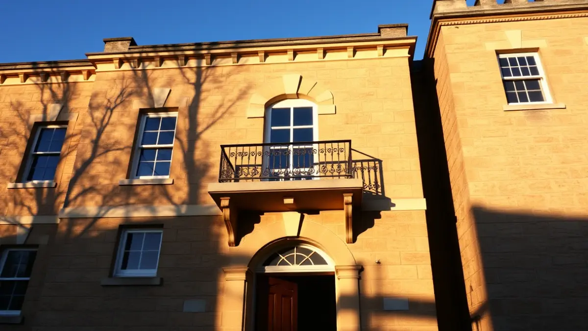 Fachada del ayuntamiento de Xàtiva, con balcón y barandillas de hierro, bajo la luz del sol de la tarde.