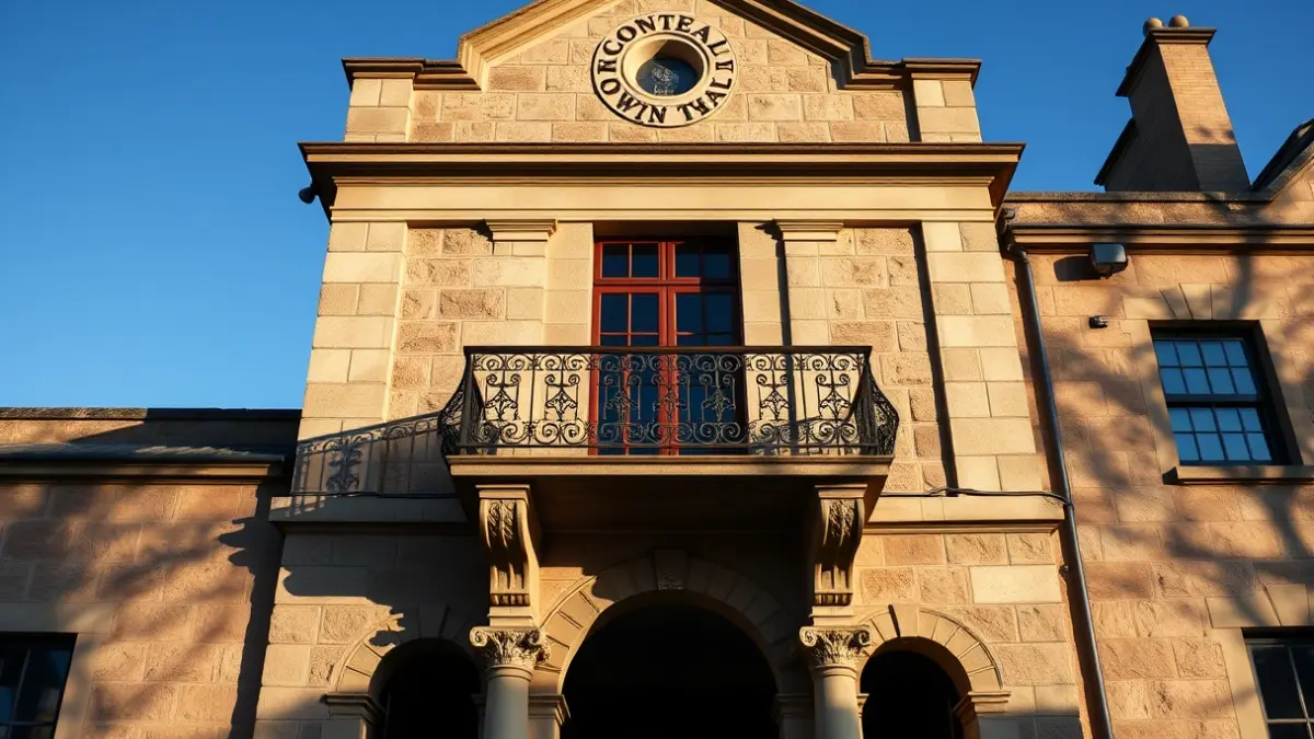 Fachada del ayuntamiento de Xàtiva con balcón y barandillas de hierro, bañada por la luz del sol de la tarde.