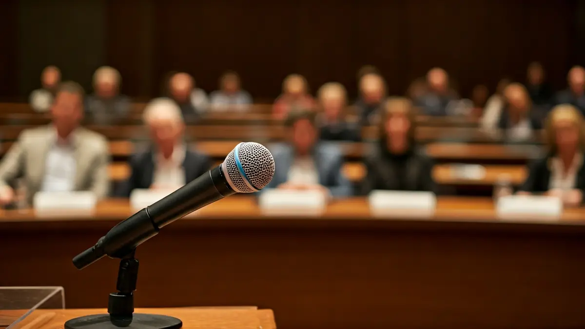 Imagen genérica de un micrófono en un atril, en una sala de conferencias.
