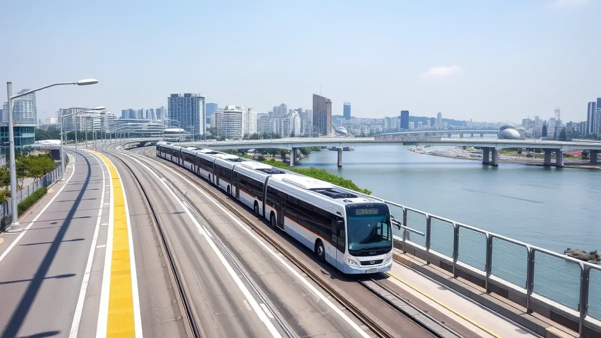 Imagen de una plataforma exclusiva para autobuses con un puente nuevo sobre un río, en un área metropolitana.