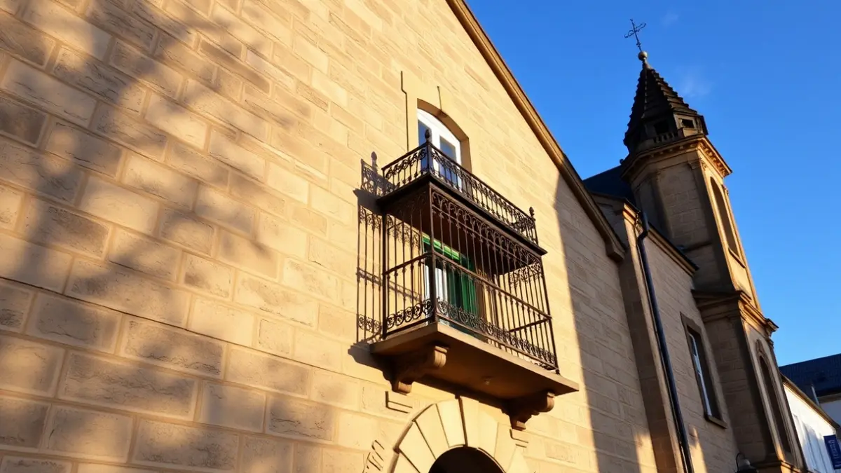 Facade of Jijona town hall, with balcony and iron railings, bathed in the afternoon sun.