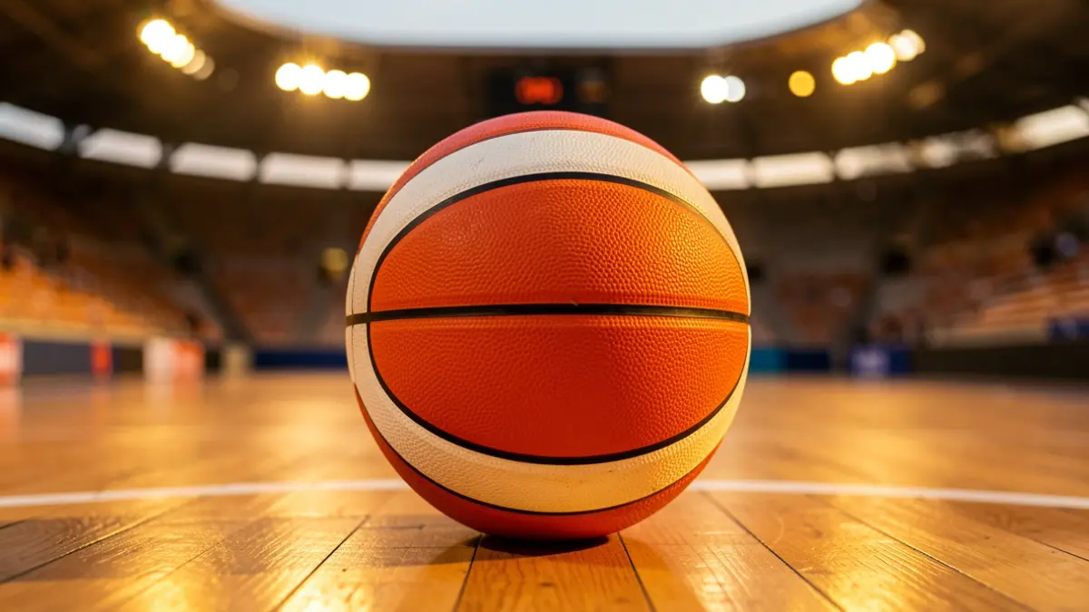 Imagen genérica de un balón de baloncesto naranja y blanco sobre una cancha de madera.