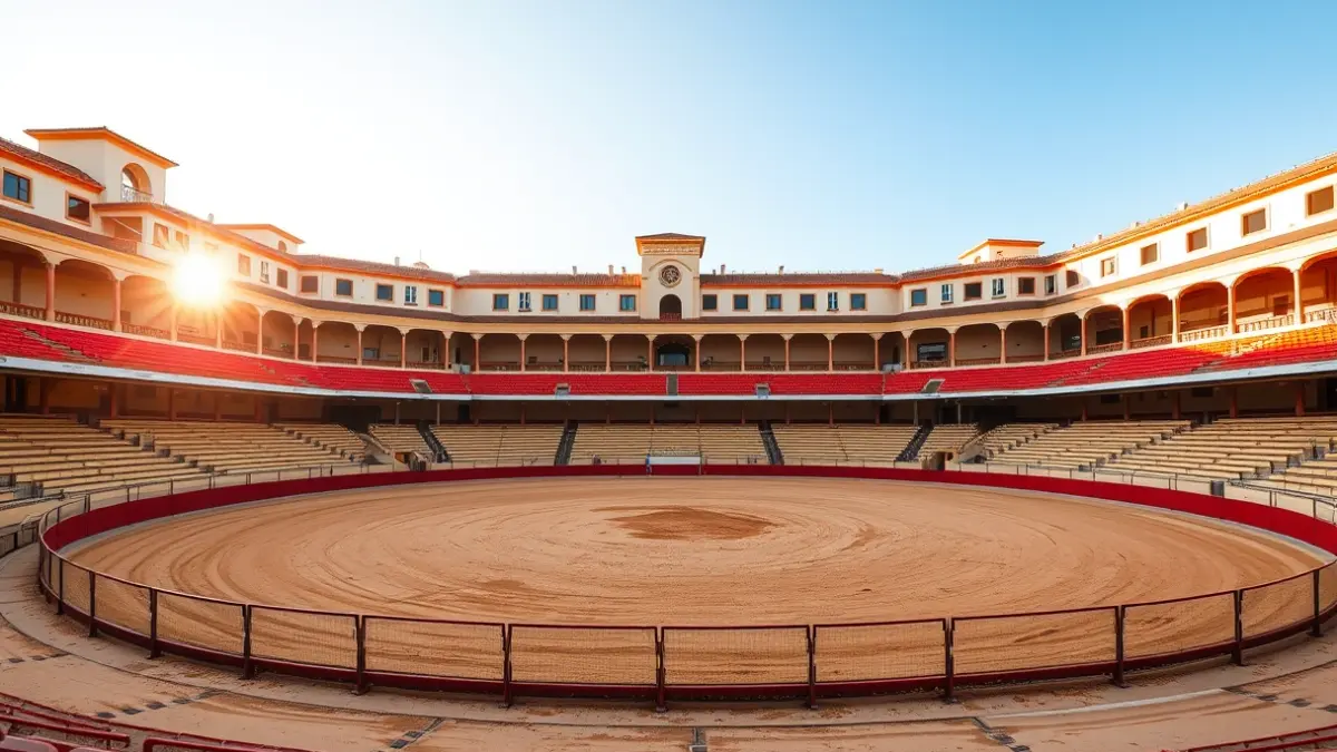 Image of an empty bullring, lit by the afternoon sun, with the sand and barrier in the foreground.