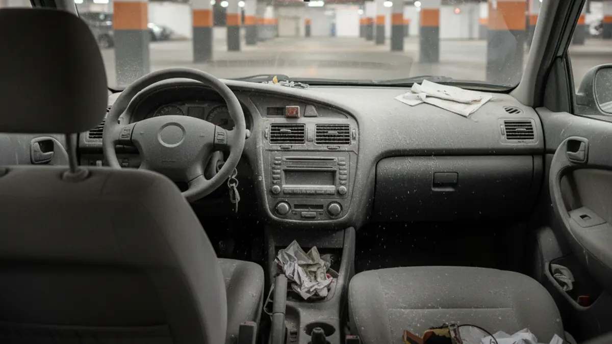 Imagen de un interior de coche cubierto de polvo químico blanco en un parking subterráneo.