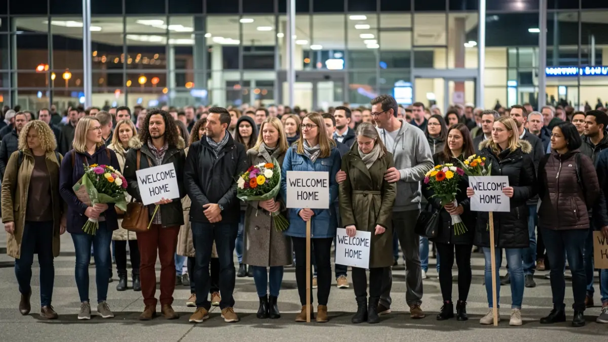 Imatge genèrica de familiars i amics rebent activistes a l'aeroport de Manises de nit.