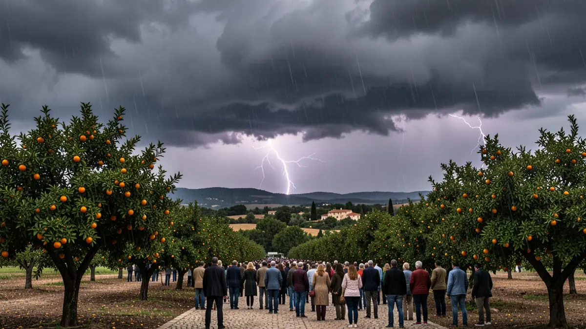 Generic image of storm clouds over a Mediterranean landscape with orange trees.