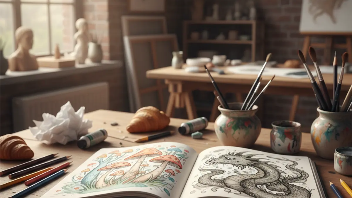 Imagen genérica de un cuaderno de dibujo abierto con lápices y pinceles, en un ambiente de taller artístico.