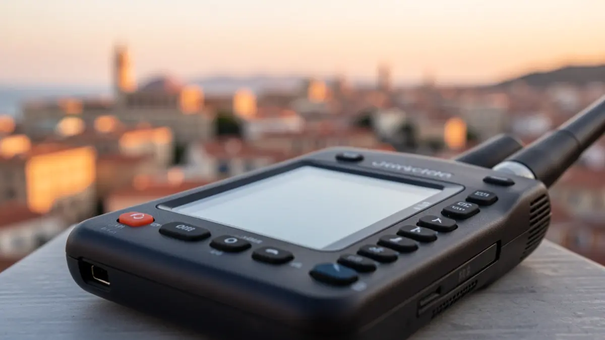 Generic image of a modern radio communication terminal with a blurred urban night sky in the background.