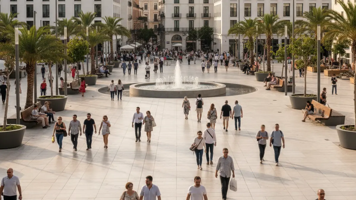 Imatge genèrica d'una plaça urbana moderna i per als vianants en una ciutat mediterrània.