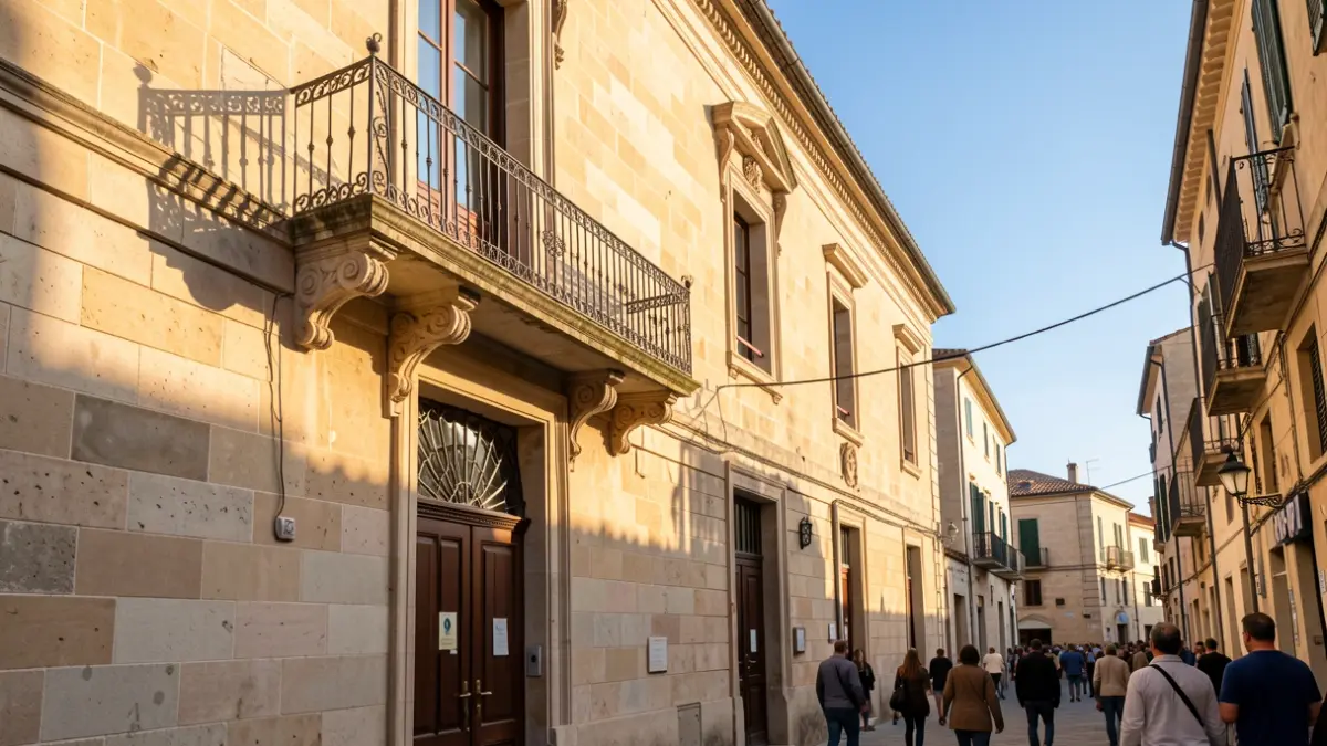 Generic image of a municipal building with a balcony and iron railings, illuminated by the afternoon sun.