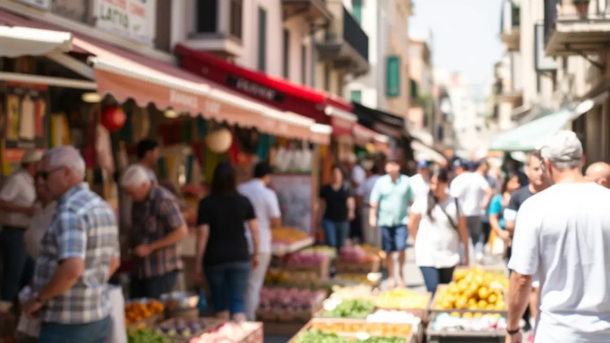 Imagen genérica de un mercado con actividades festivas y gente disfrutando del ambiente.