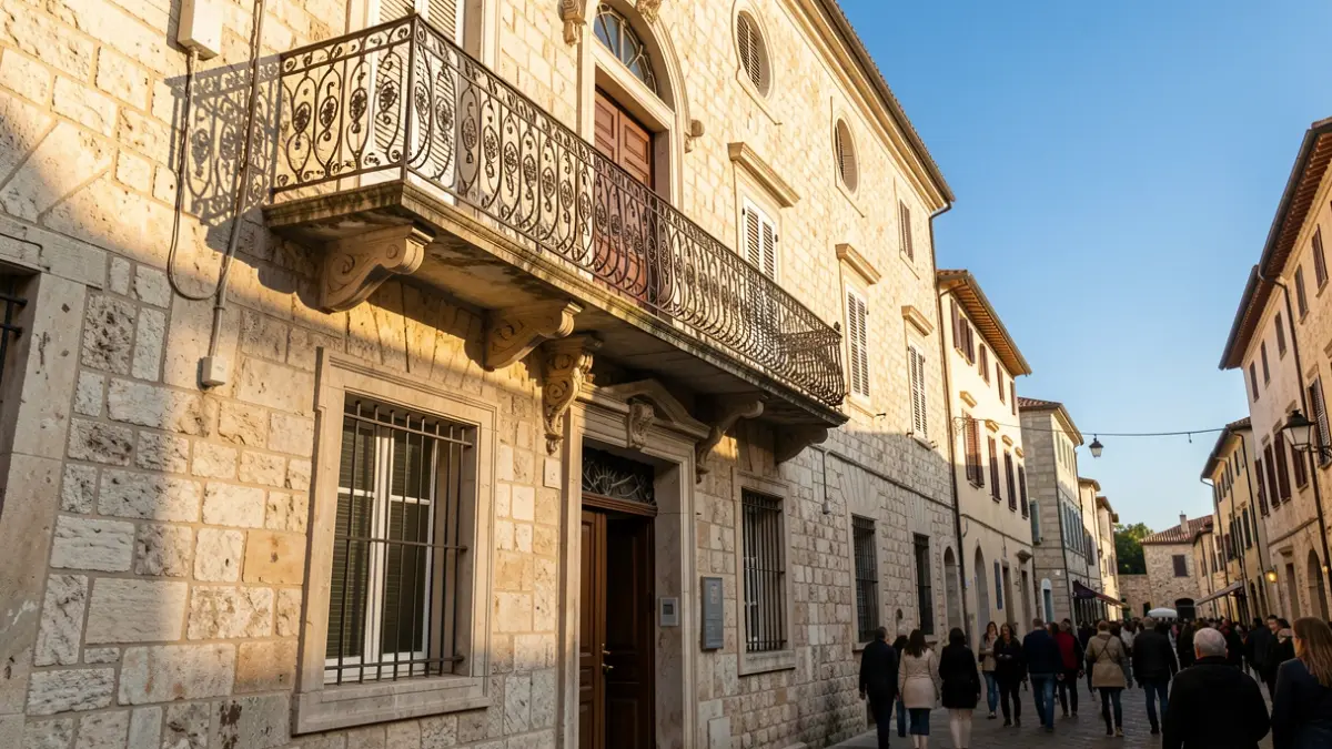 Generic image of an institutional building with a balcony and afternoon sun.