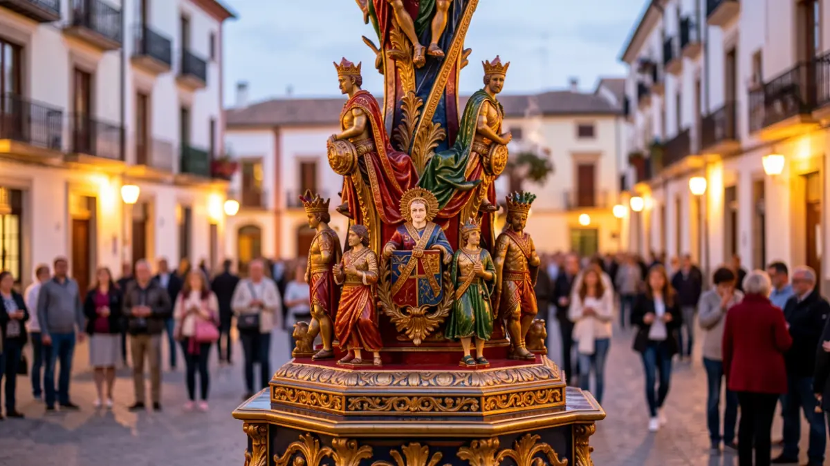 Detalle de una hoguera tradicional valenciana con un fondo difuminado de una plaza de ciudad mediterránea al atardecer.