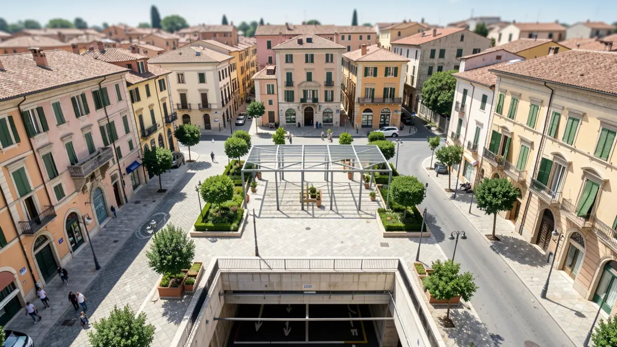 Aerial view of a public square in Alicante with a pergola and green spaces.