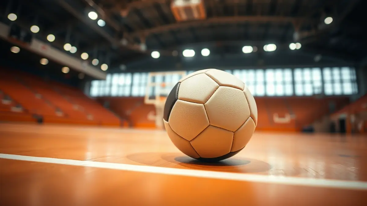 Imatge genèrica d'una pilota de balonmano en una pista, amb la porteria desenfocada al fons.