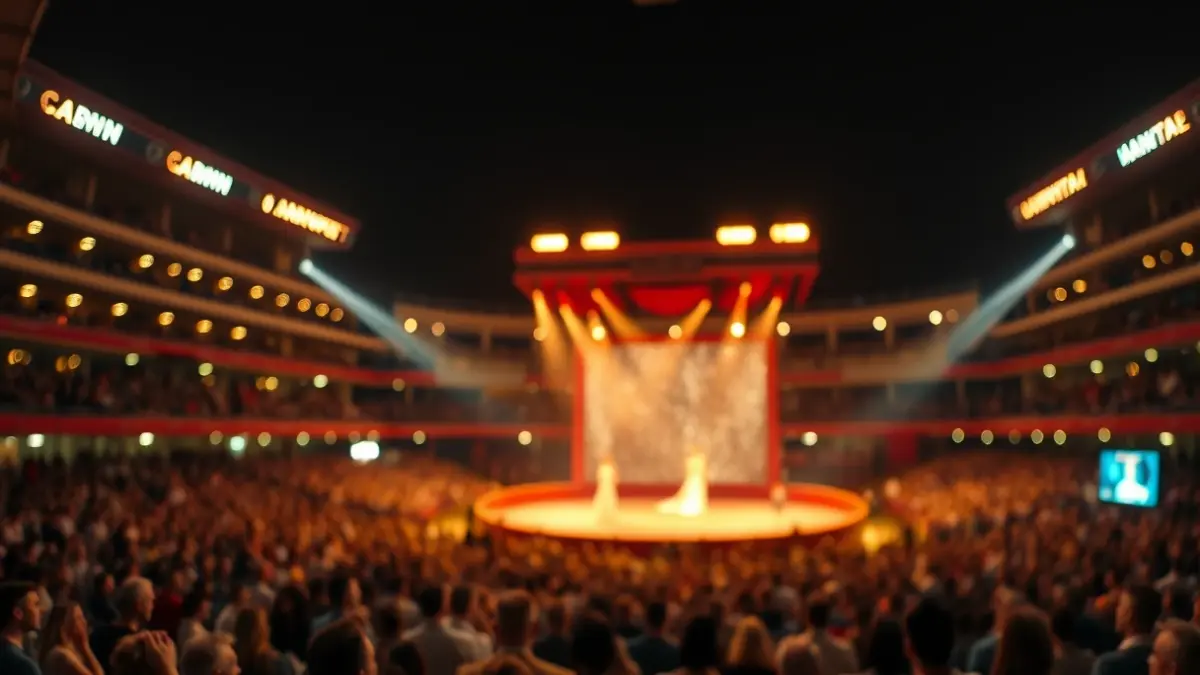 Imagen de ambiente festivo en una plaza de toros durante la noche, con luces borrosas y una multitud, en un evento de coronación.