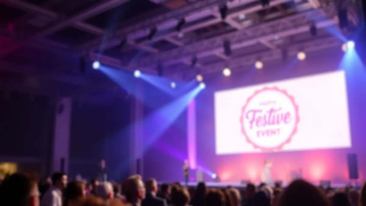 Imagen de un escenario con focos brillantes y una pantalla grande durante un evento festivo.