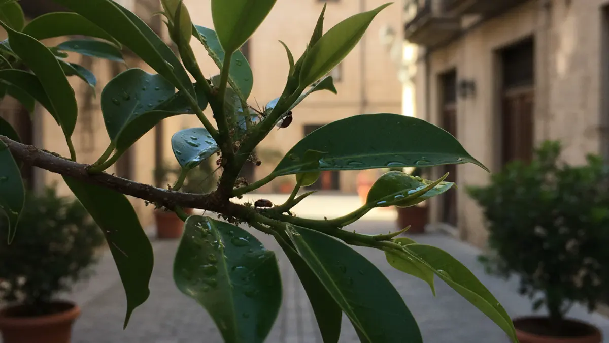 Image of a Ficus Nitida branch with insects, representing biological pest control in urban trees.