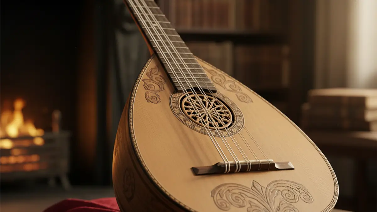 Imagen genérica de un instrumento de cuerda tradicional, como una bandurria o un laúd, con detalles de madera y cuerdas.