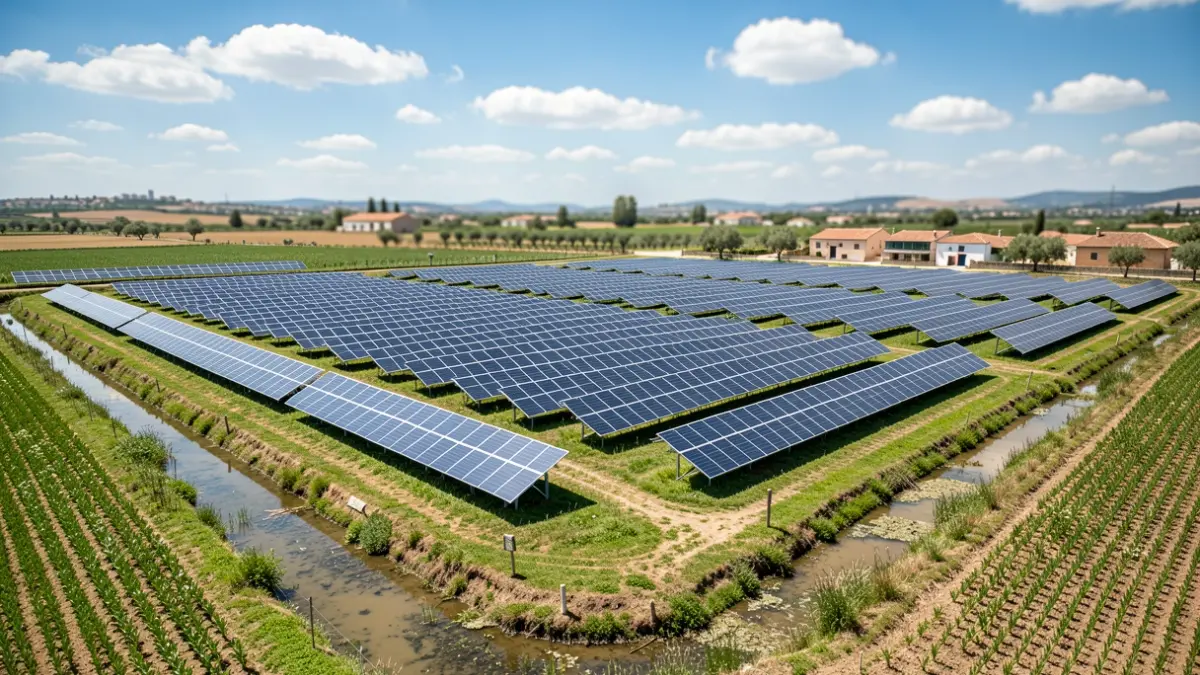 Generic image of solar panels on agricultural land in the Valencian Community.