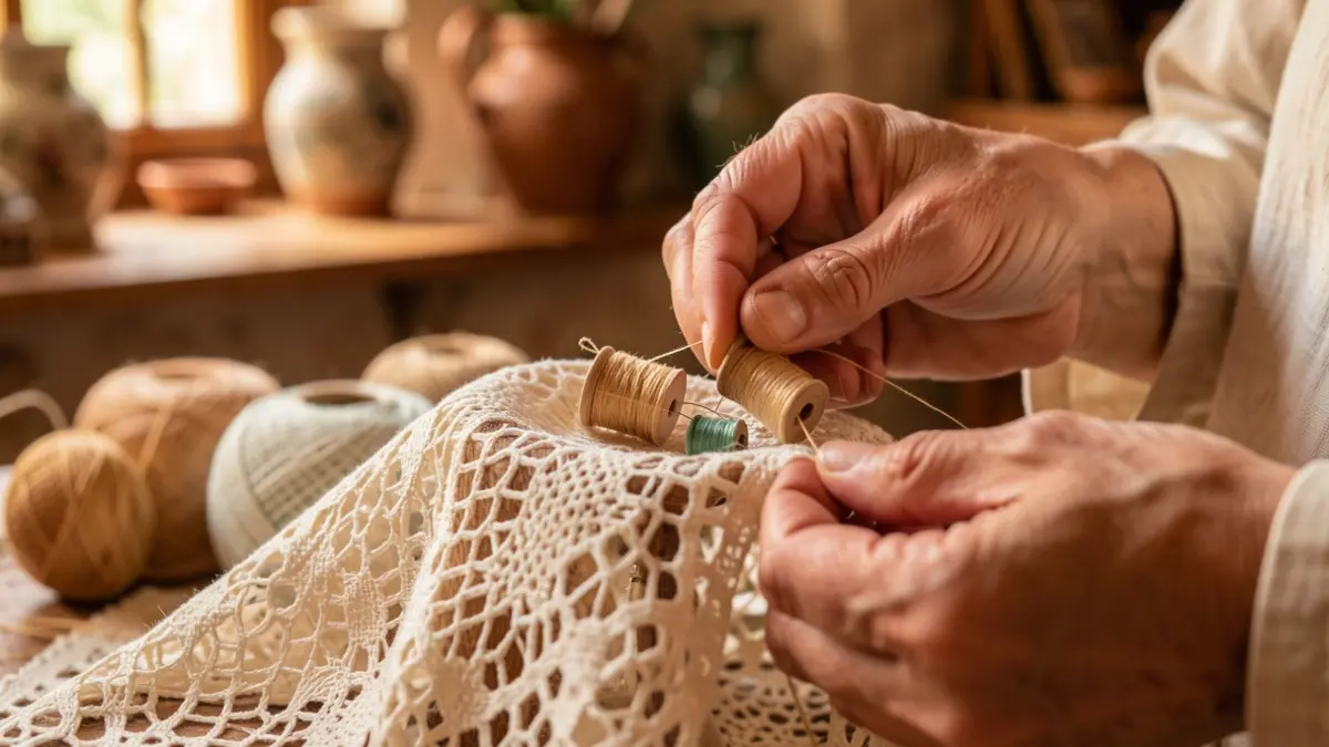 Imagen genérica de manos trabajando con bolillos para crear encaje de bolillos.