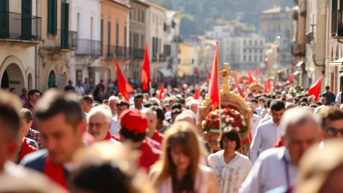 Imatge d'una romeria festiva amb carros engalanats i gent amb mocadors rojos en un poble mediterrani.