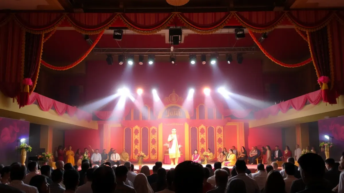 Imagen de una presentación de fiestas con un escenario iluminado y público asistente.