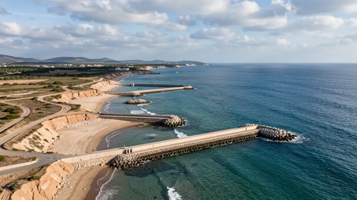 Generic image of a coastline with breakwaters under construction and a beach.