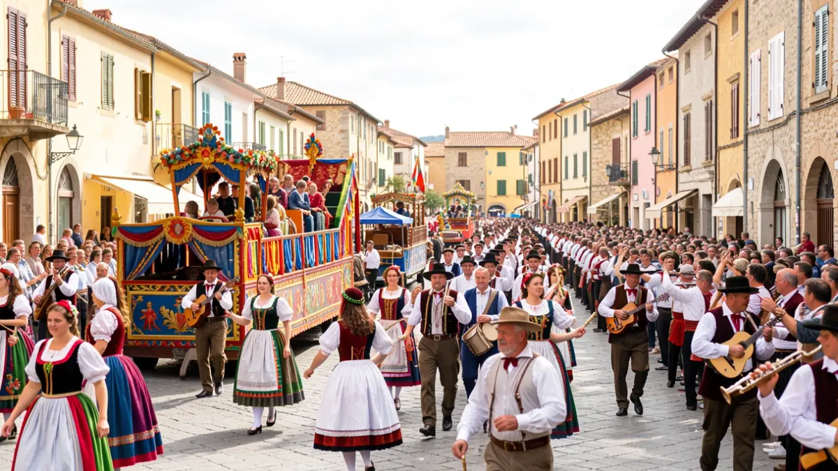 Generic image of a festive parade with floats and folk groups.