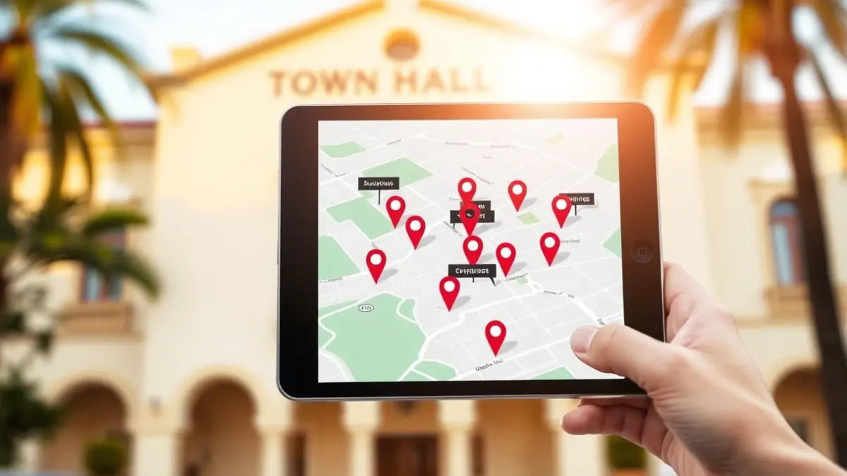 Imatge d'un mapa digital interactiu en una tauleta, amb punts de negoci i l'ajuntament d'Almenara de fons.
