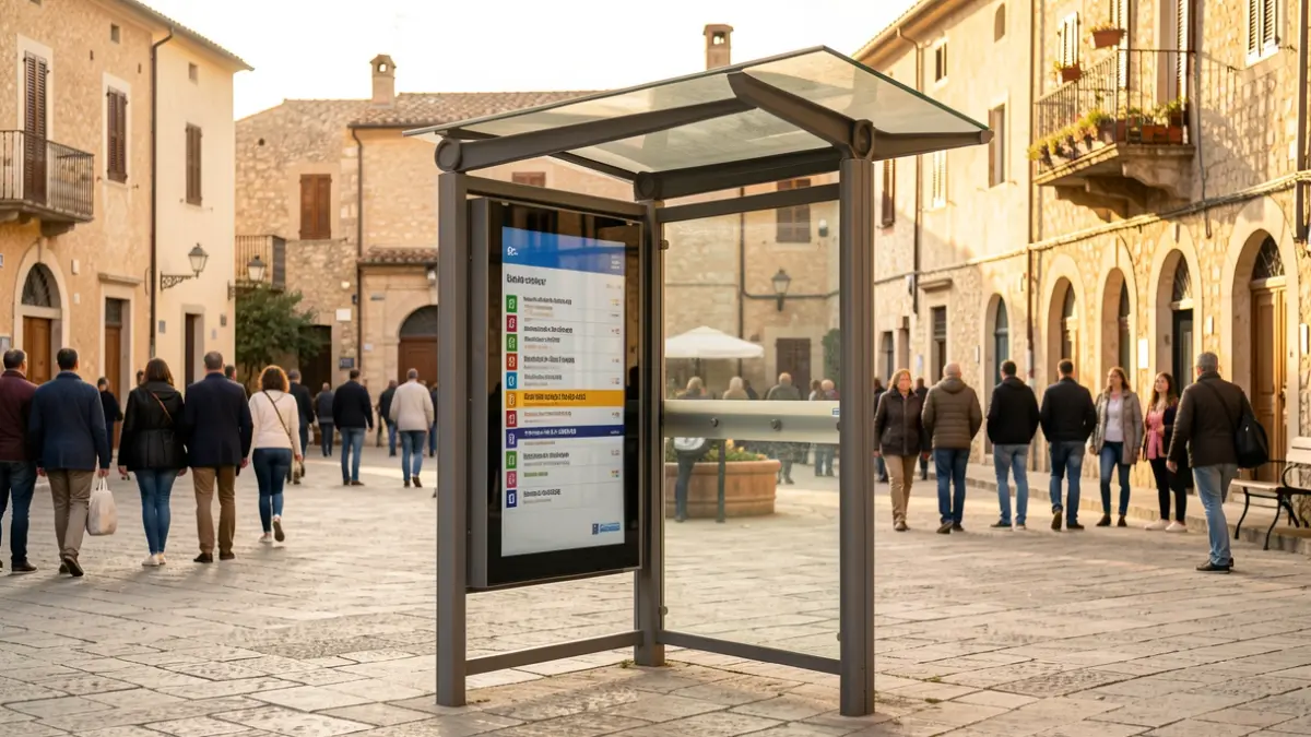 Imagen genérica de una parada de autobús moderna en un entorno urbano mediterráneo.