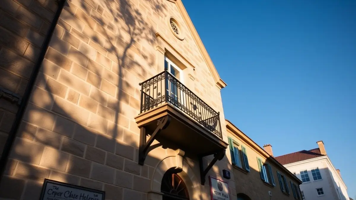 Fachada del ayuntamiento de Altea con balcones y barandillas de hierro, bañada por la luz del sol de la tarde.