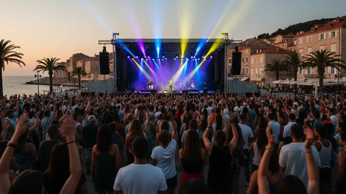 Imagen genérica de un concierto en vivo con luces brillantes y una multitud animada.