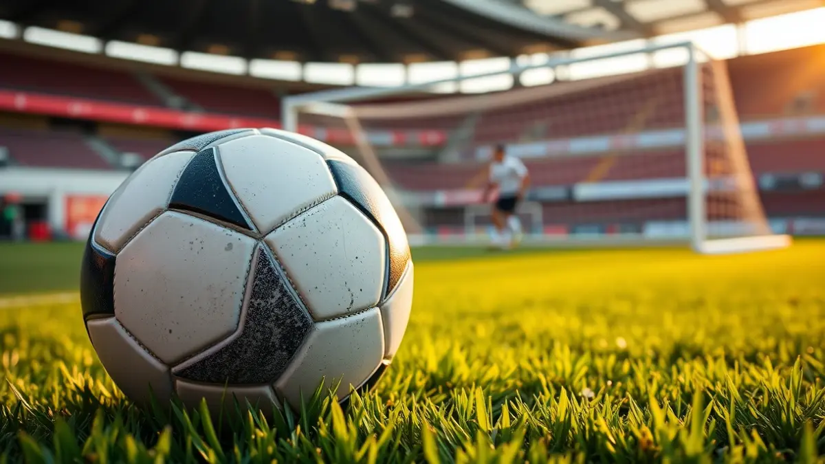 Generic image of a soccer ball on a green field, with a blurred goal net in the background.
