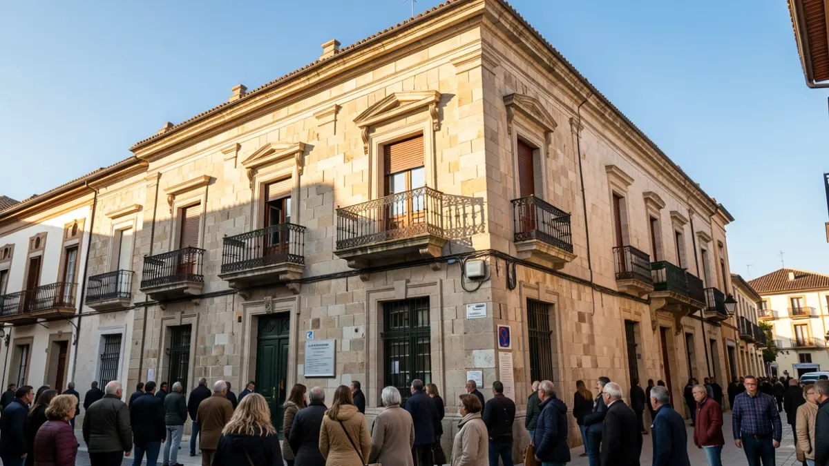 Generic image of a Valencian town hall with an iron balcony and afternoon sun.