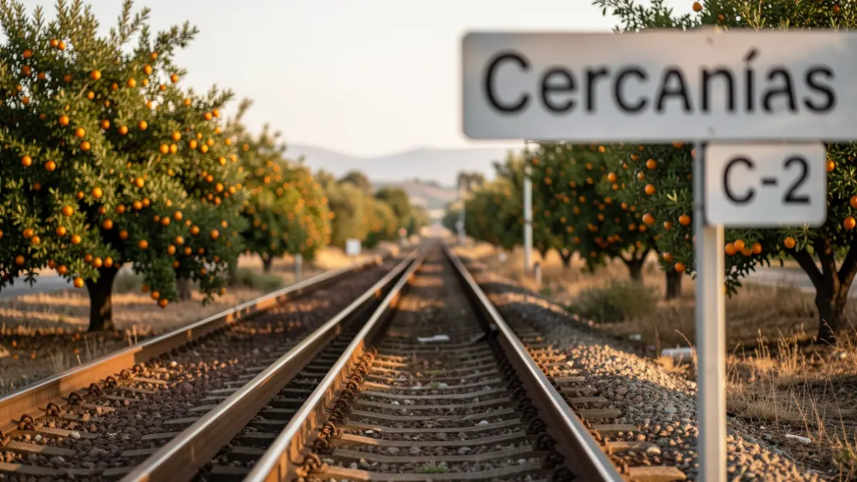 Imagen genérica de vías de tren con una señal de cercanías C-2 en un paisaje mediterráneo.