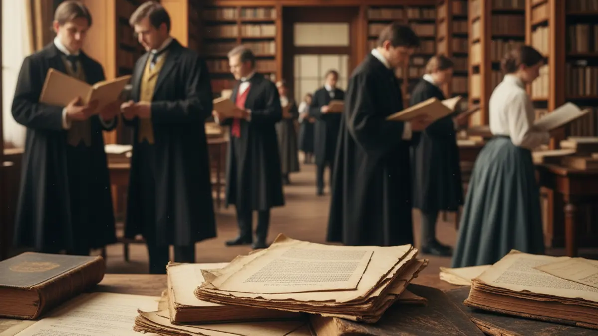 Imagen genérica de documentos históricos y libros antiguos en una mesa de madera, con un fondo desenfocado de una sala de archivo.