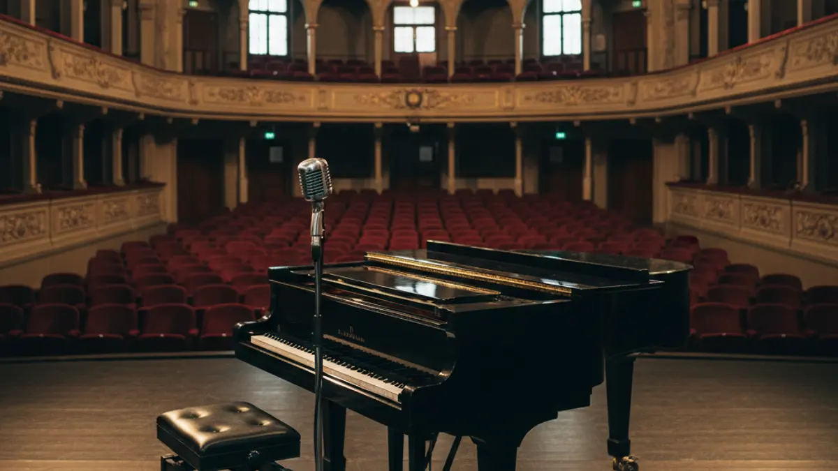 Imagen genérica de un piano de cola en un escenario de teatro, con asientos de terciopelo rojo.