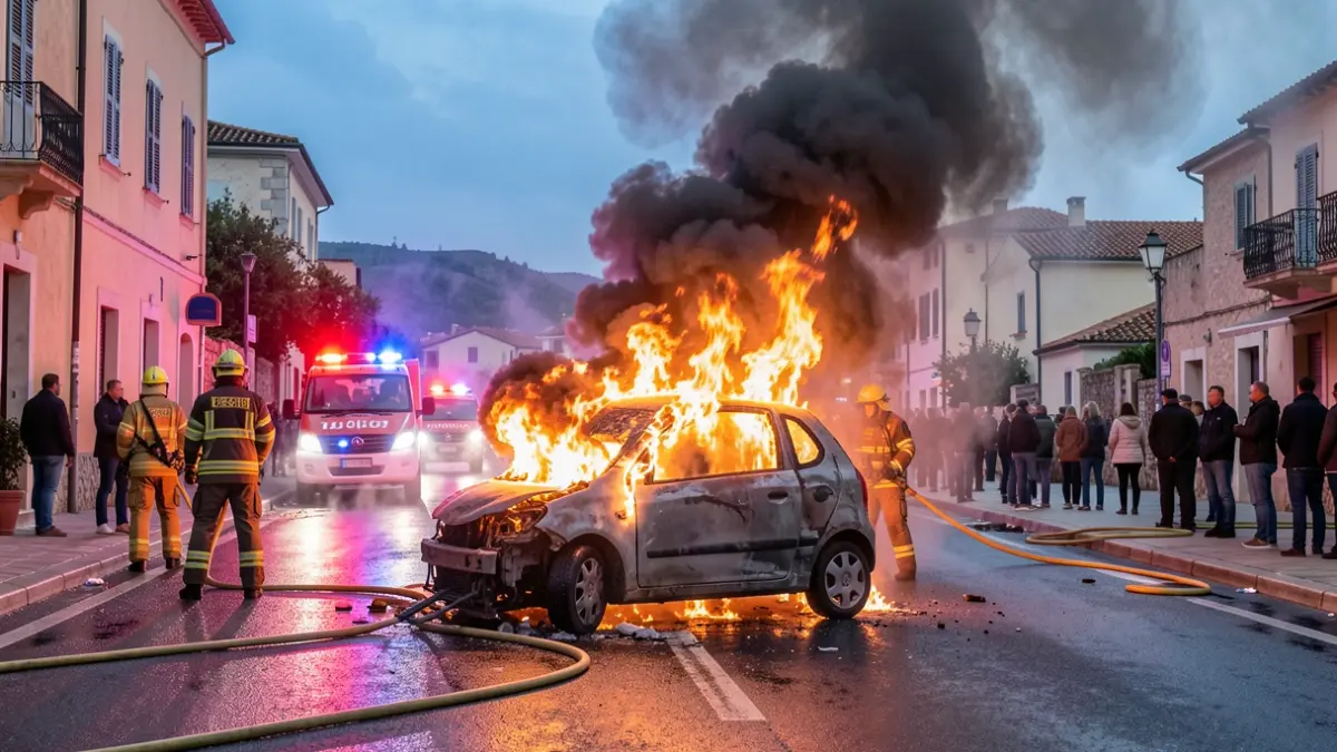 Image of a burning car in an urban area with smoke and emergency lights.