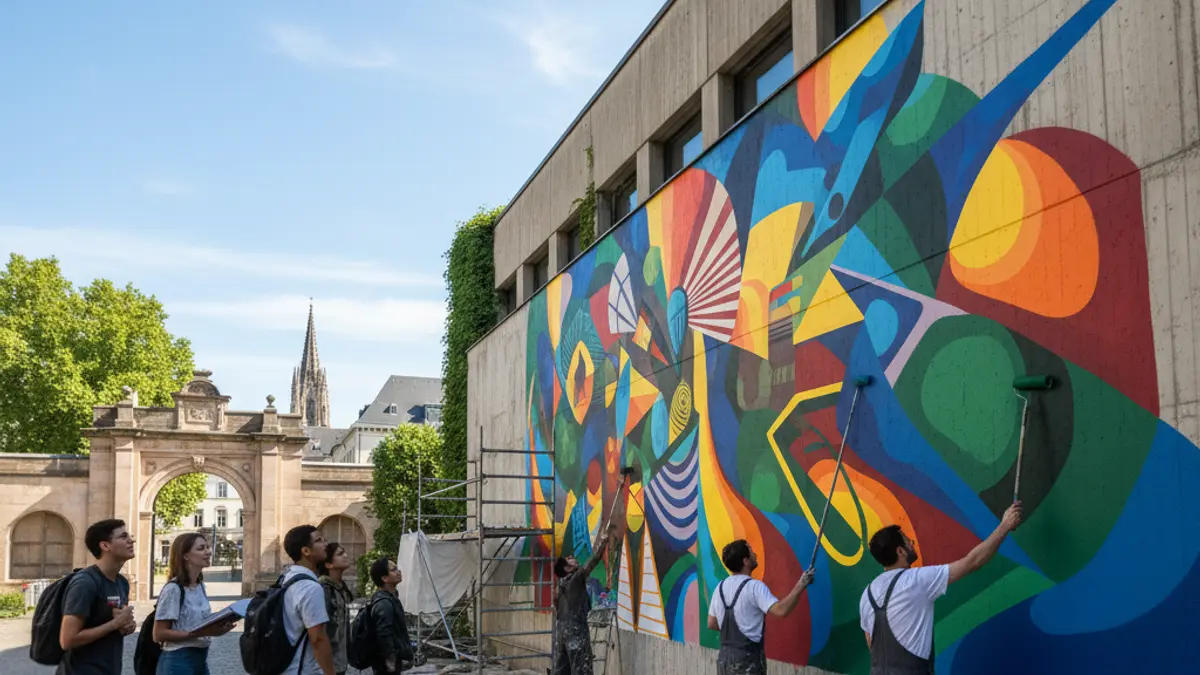 Imagen de un mural vibrante siendo pintado en una gran pared de hormigón en un campus universitario urbano.