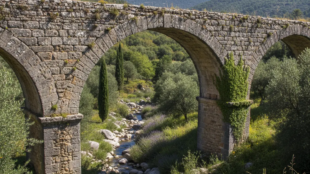 Imagen de un antiguo acueducto de piedra en un paisaje natural, con arcos y vegetación.