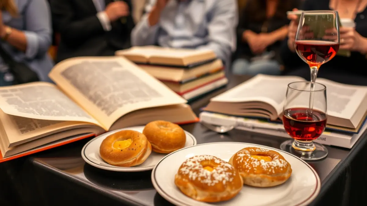 Image of a table with books, 'coca en tonyina', 'coca de almendra', and vermouth at a cultural event.