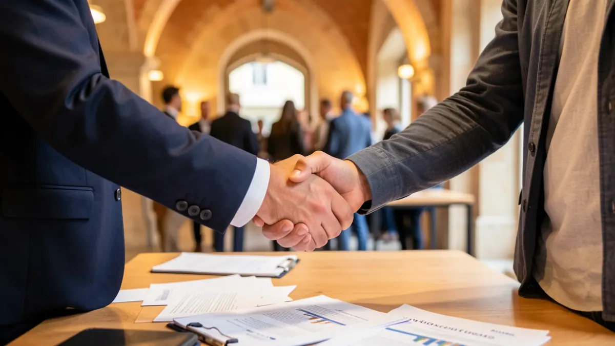 Generic image of two people shaking hands in a professional setting.