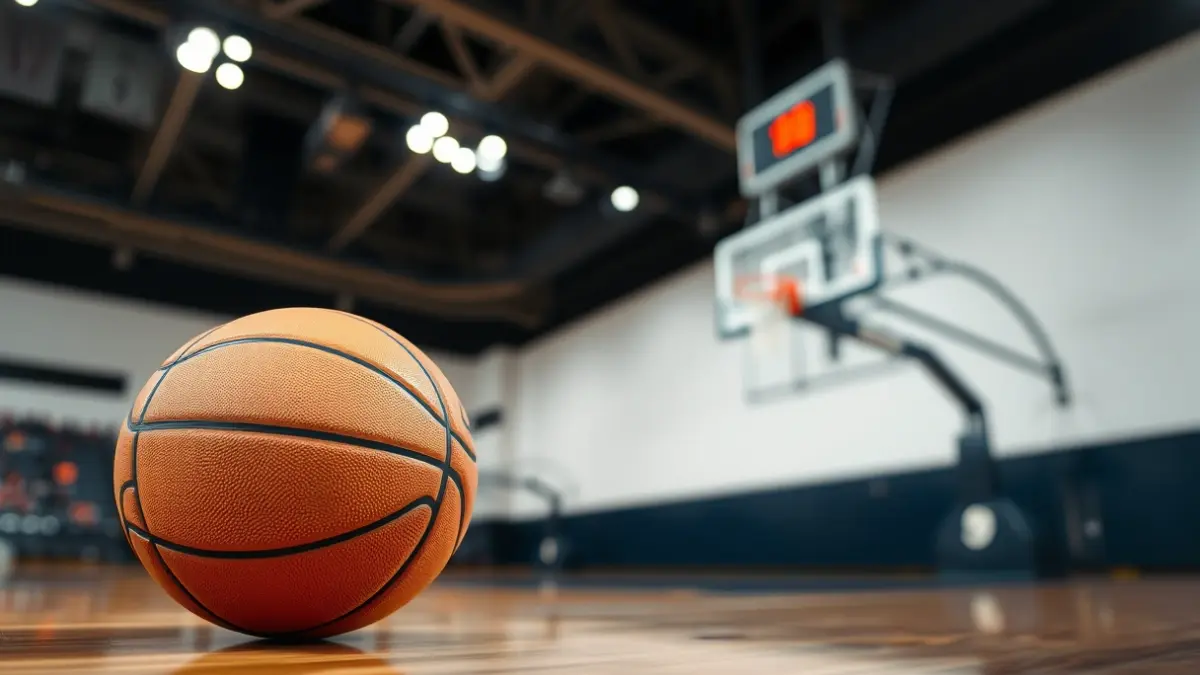 Generic image of a basketball on a wooden court, with a blurred hoop in the background.