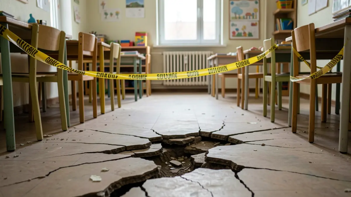 Generic image of a sinking floor in a children's classroom with caution tape.