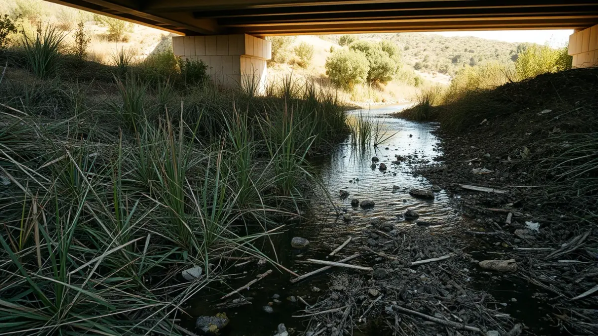 Imagen de un barranco con vegetación excesiva y cañas, con un puente al fondo, en un día soleado.