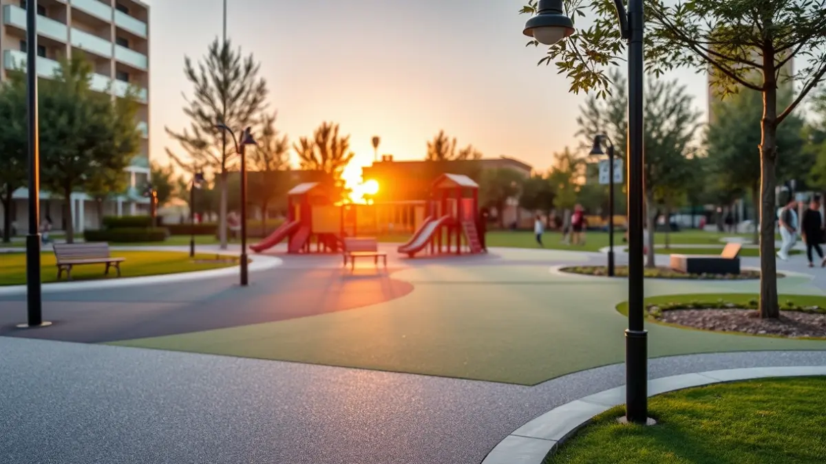 Imatge d'un parc urbà modernitzat en una ciutat mediterrània, amb zones de joc segures i il·luminació LED.