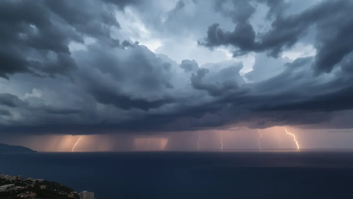 Generic image of storm clouds over a Mediterranean coastline with heavy rain.