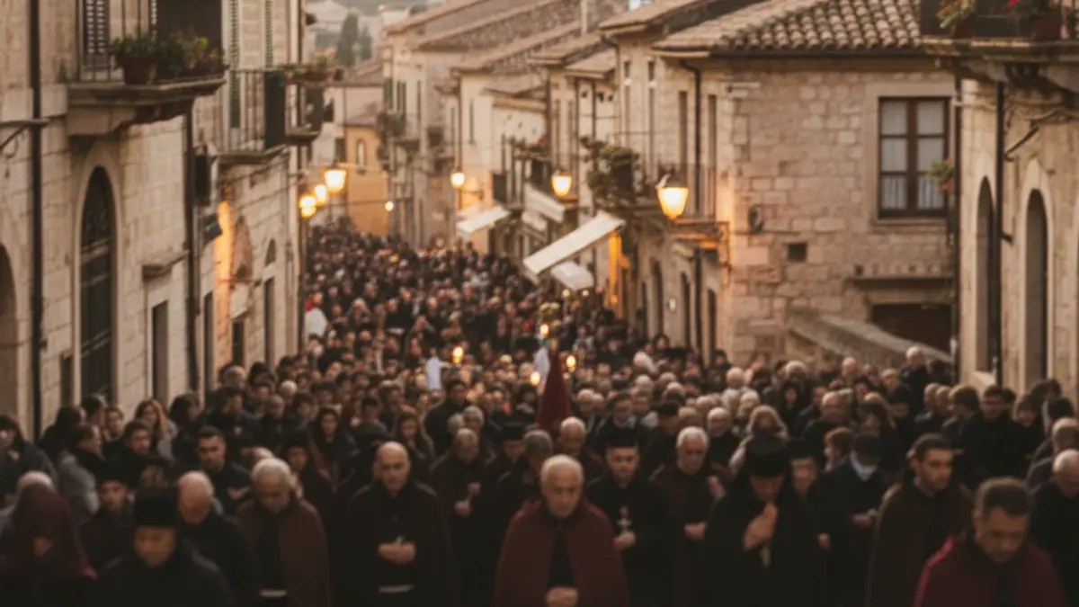 Generic image of a crowd in a religious procession, with soft, warm lighting.
